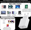 Witte WiseQ USB-C adapter met een kabel. Afbeelding toont compatibele apparaten met USB-C en Lightning kabels.