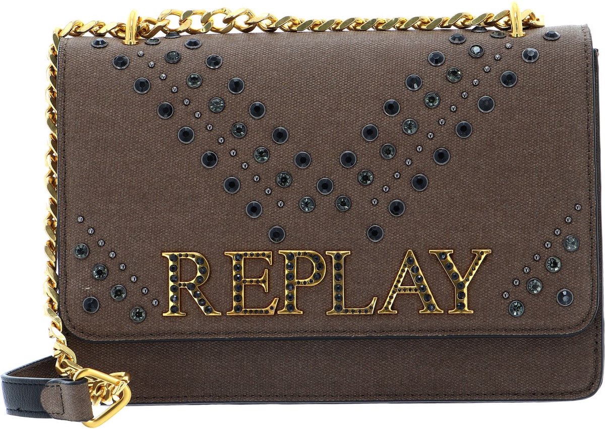 REPLAY Schoudertas Avondtas Canvas Shoulder Bag with Studs Pale Grey Brown Bruine