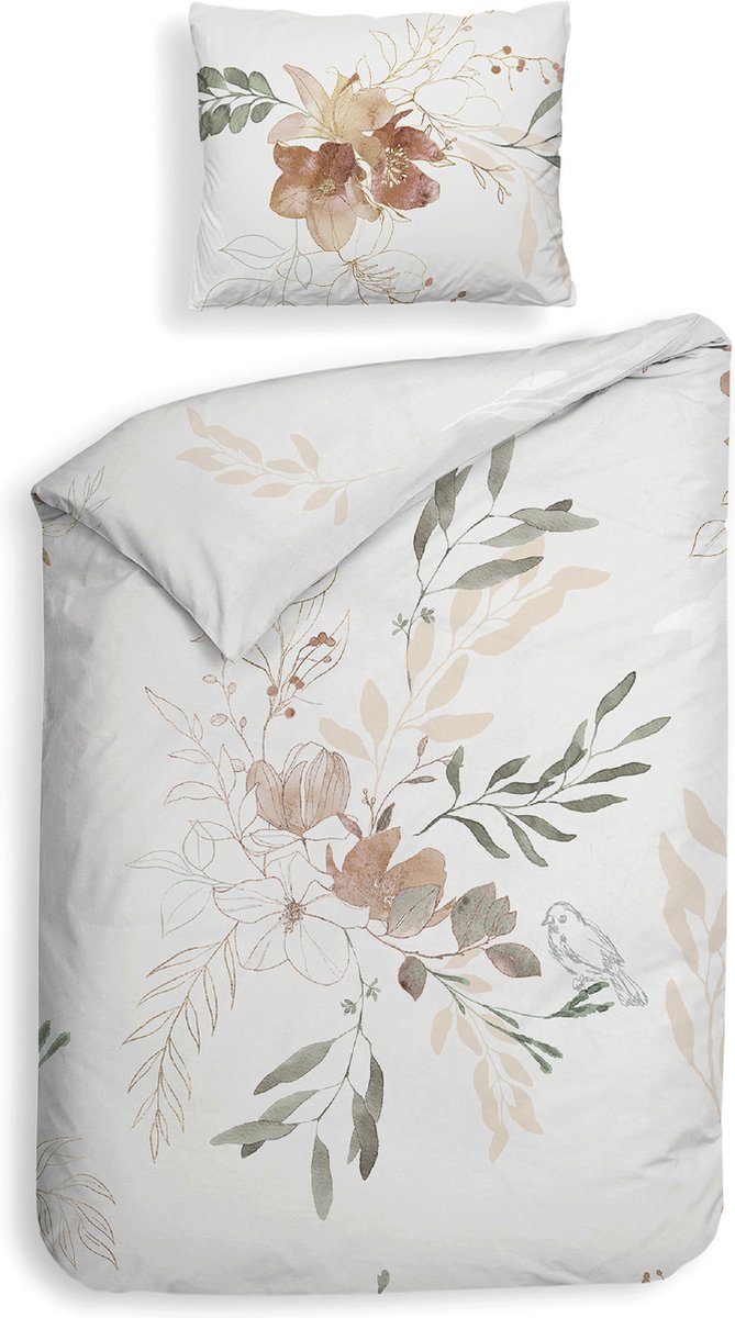 Heckettlane Dekbedovertrek Charlot - Bedlinnen met Bloemen print - 140x220 - Off-White - Dekbedhoes van 100% Katoen-Satijn