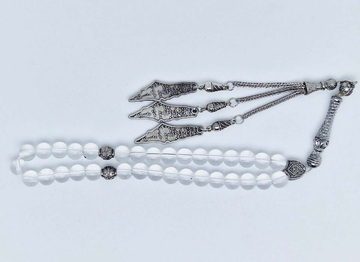 Handgemaakte tesbih klassiek - "Tasbih" natuursteen " Bergkristal " - Aantal kralen 33 - Diameter kralen 8 MM - met metaal tassel "Palestina" - Een mooi cadeau-idee