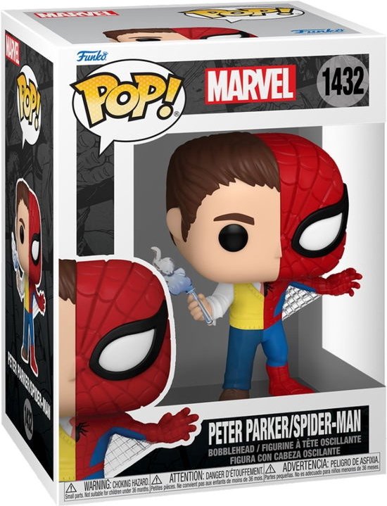 Peter Parker/Spider-Man Funko Pop #1432 met gespleten gezicht, de ene helft Peter Parker, de andere Spider-Man.