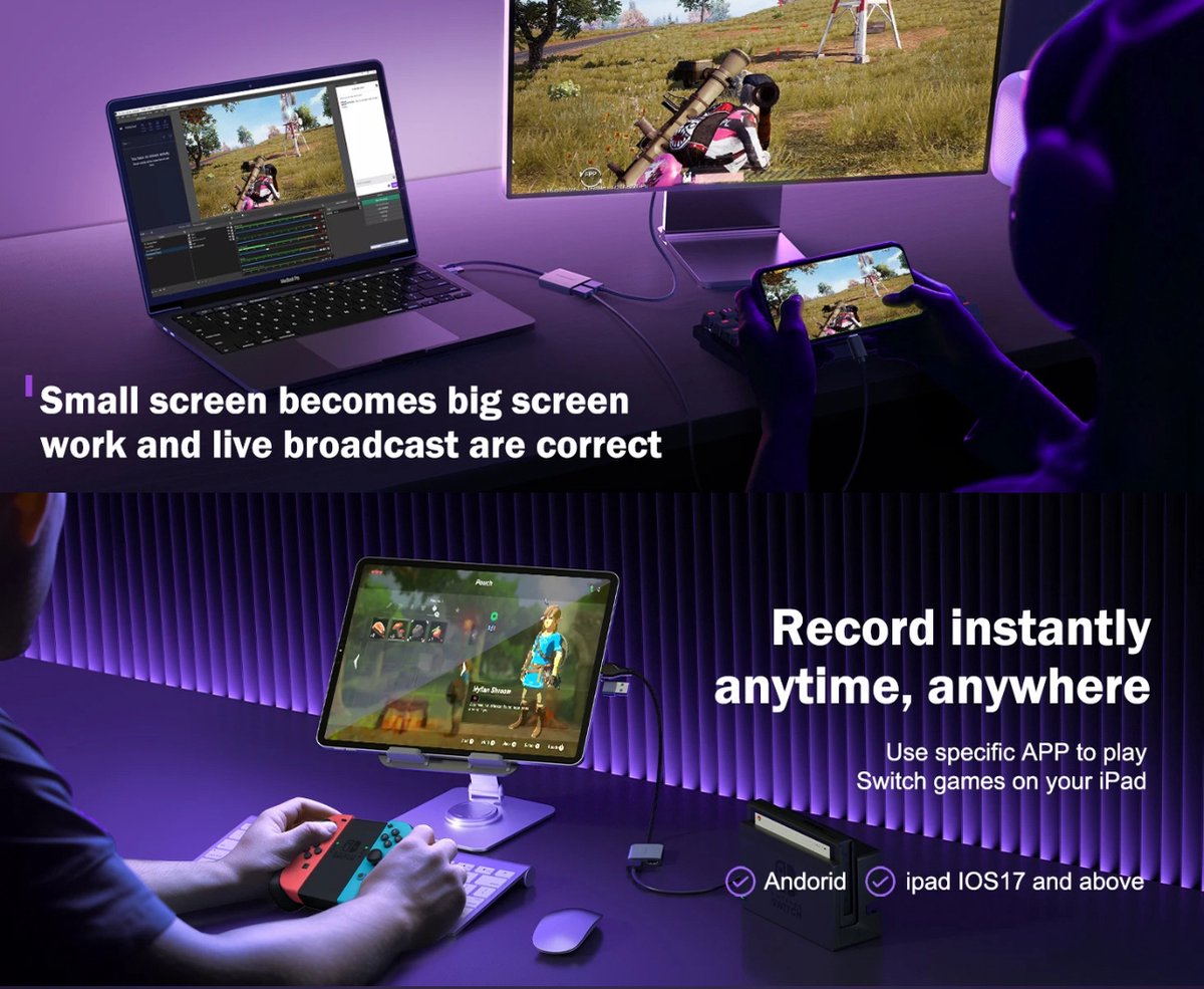 Lemorele AC07 Video Capture Card - 1080P60Hz - HDMI Loop-Out - USB-A & USB-C - Plug & Play thumbnail 4