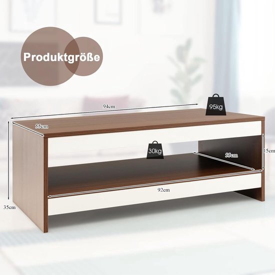GOPLUS Salontafel voor woonkamer, vintage, Frans, 2 laden met rotandeuren en een ruimte achter de tafel, rechthoekige salontafel, MDF-hout, 100 x 50 x 41 cm, belasting 75 kg