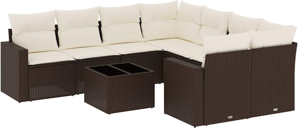 vidaXL 9-delige - Loungeset - met - kussens - poly - rattan - bruin