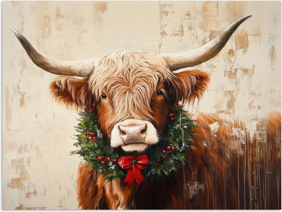 Poster 120x90 cm - Kerst - Schotse Hooglander - Bruin - Krans - Posters - Kamer decoratie - Wanddecoratie woonkamer - Muurdecoratie slaapkamer - Kerstversiering - Kerstdecoratie voor binnen - Kerstmis
