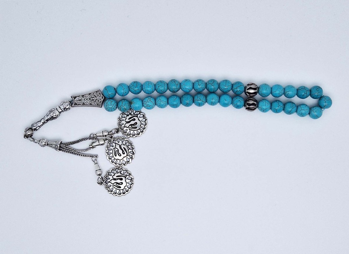 Handgemaakte tesbih "tasbih" natuursteen " Turkoois " - Aantal kralen 33 - Diameter kralen 10 MM - met metaal tassel "model 5" - Een mooi cadeau-idee