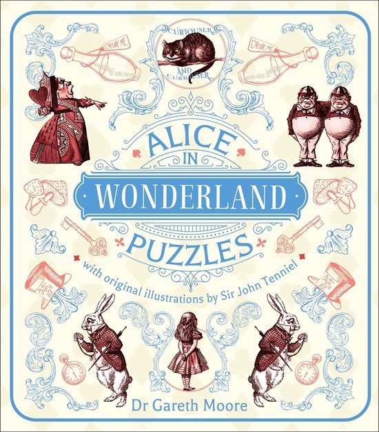 Boekomslag van 'Alice in Wonderland Puzzles' met illustraties van de Hartenkoningin, de Tweedledee en Tweedledum, witte konijnen, hoeden en paddestoelen.