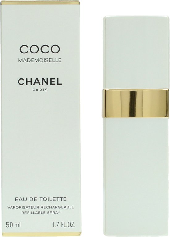 Coco Mademoiselle Eau de Toilette 50 ml spray met witte fles en gouden band naast de verpakking.
