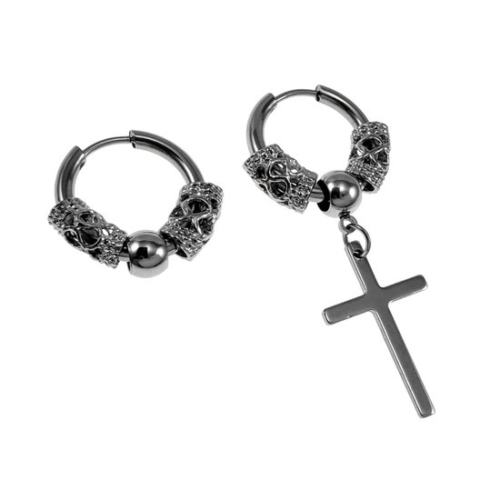 Boucles d'oreilles unisexes - Acier inoxydable poli - Boucles d'oreilles pendantes croix ∅18 mm - Boucles d'oreilles asymétriques - Femme - Homme