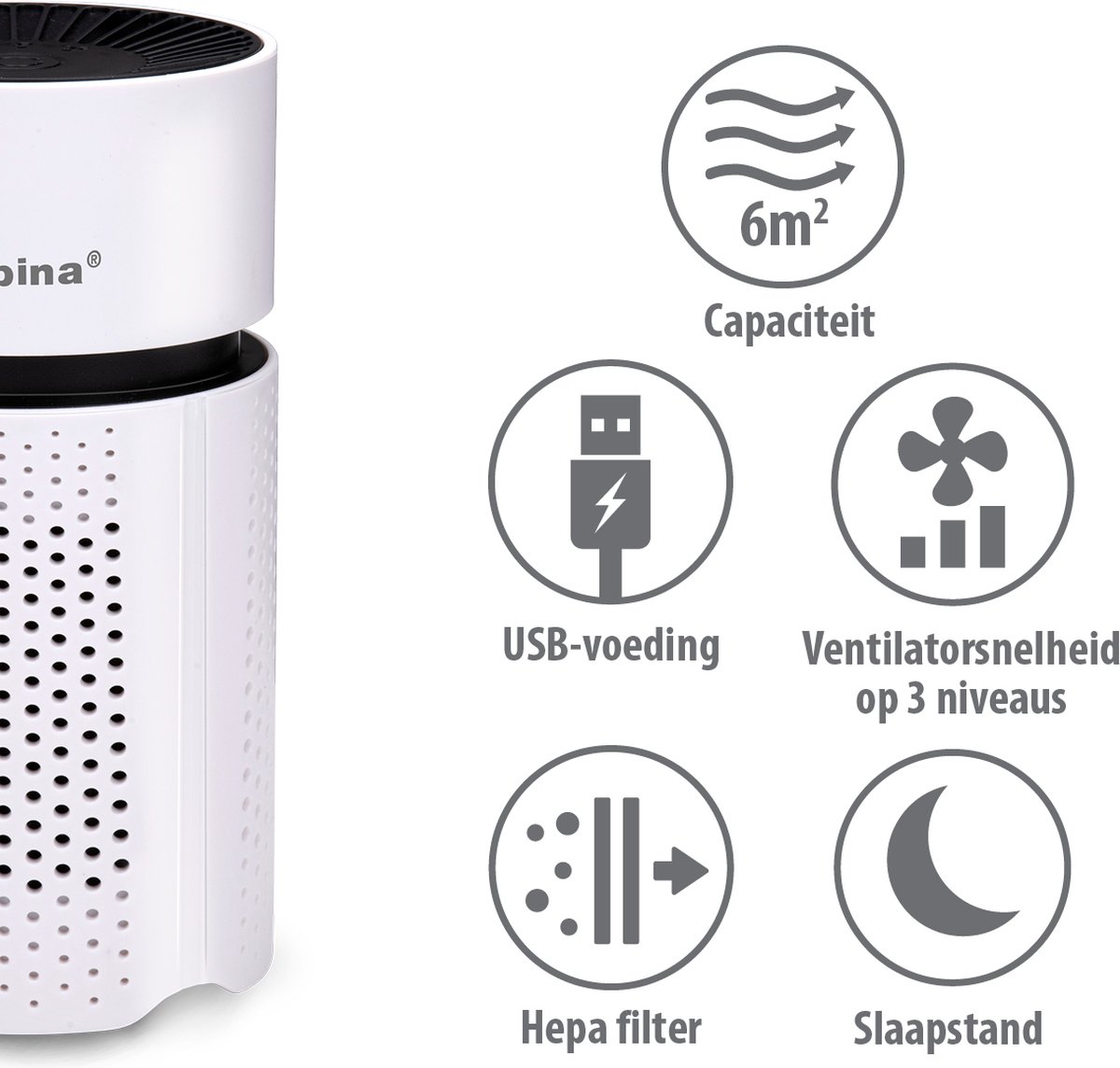 alpina Mini Luchtreiniger met HEPA Filter H13 - Air Purifier met Ionisator voor Ruimtes 6m2 - Lucht Reiniger met USB voor Binnen en Onderweg - Air Cleaner 1.5W - Wit — afbeelding 2