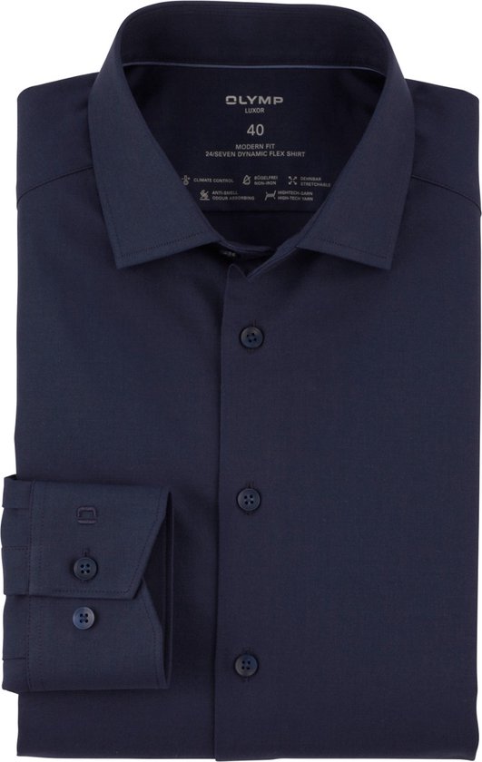 OLYMP Luxor 24/7 modern fit overhemd - popeline - marineblauw - Strijkvriendelijk - Boordmaat: 42