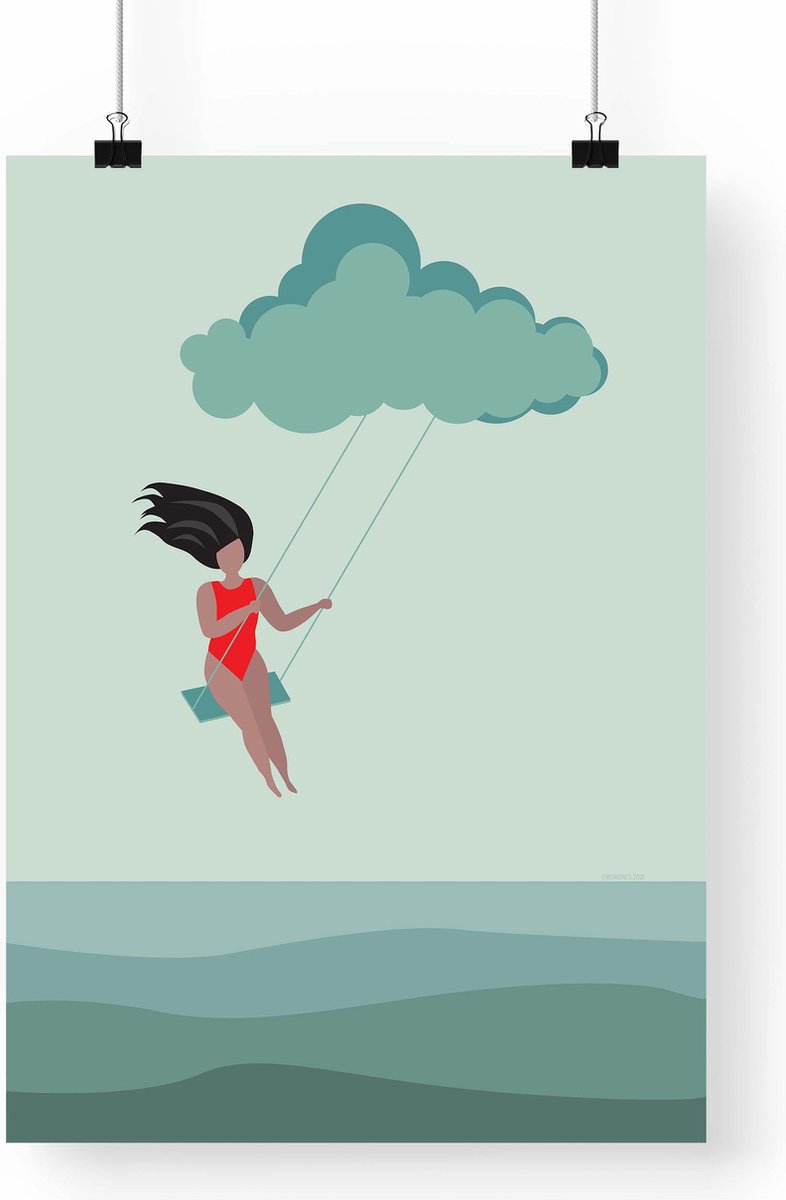 Artprint Wolkenschommel - Dromerige illustratie in A3 formaat - Poster met meisje schommelend in de wolken