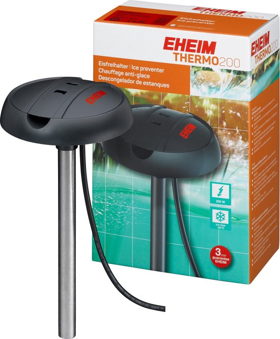 Doos met Eheim Thermo 200 ijsvrijhouder, met rode Eheim logo's, 200W en ijsvrij tot -20°C.