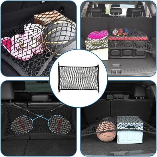 Filet Voiture Extensible Filet De Coffre Voiture 60x40 Cm - Élastique Jusqu'à 120x80cm | 4 Crochets | Range Bagages Accessoire Auto Organisation