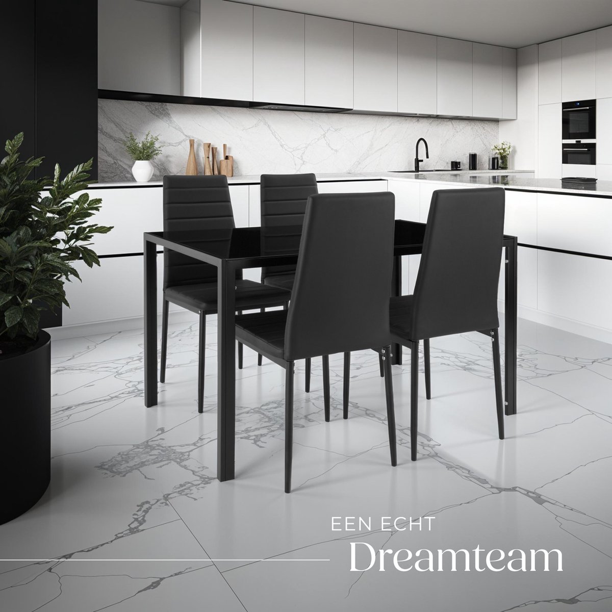tectake® Eetkamerset met 4 Eetkamerstoelen - Eettafel met glazen blad - 120 x 70 x 75 cm - Eethoek set Tafel en Stoelen - Set van 4 Stoelen met kunstleer - Zwart – foto 5