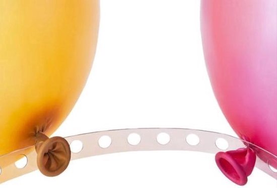 Gele en roze ballon met transparante verbindingsstrip ertussen.