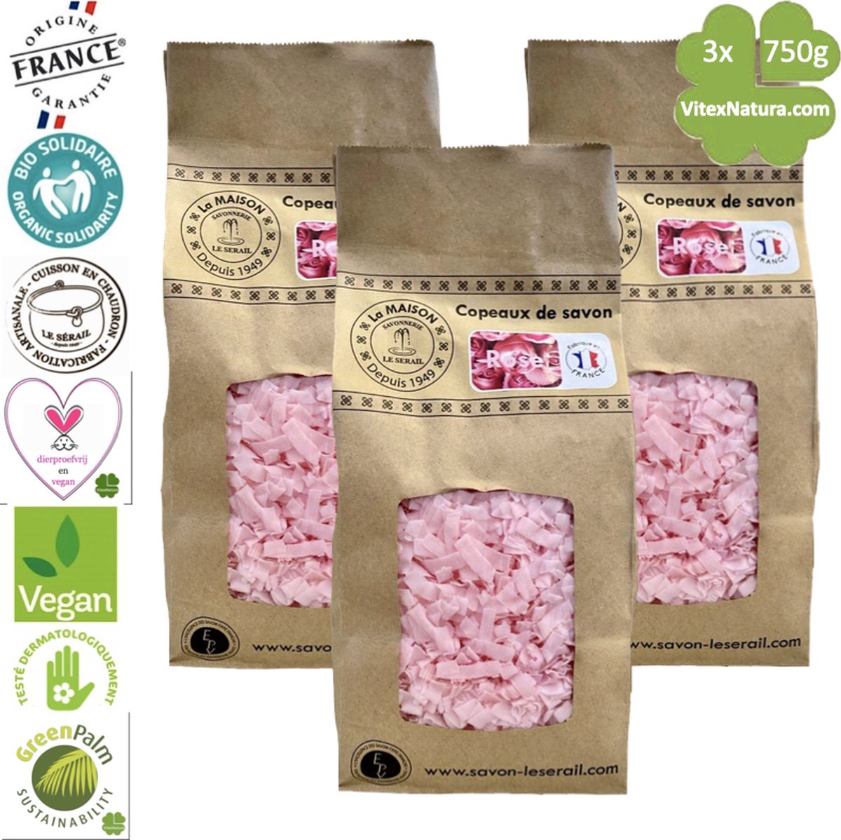 Goedkoopste Marseille zeepvlokken rozen geur | 3x 750g | Ecologisch en Milieuvriendelijk | Ambacht | Le Serail