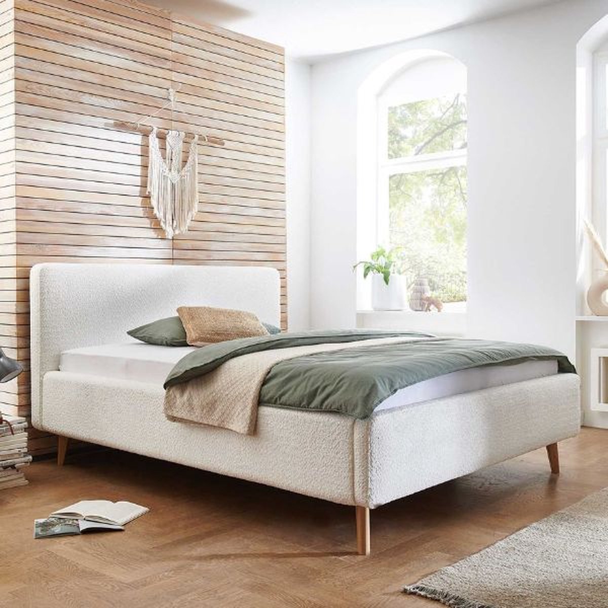 Tweepersoonsbed Dalila 180x200cm Teddystof Met Opbergruimte - Wit - Meise - Tweepersoons Gestoffeerd Bed - Wit - Polyester Tweepersoons Normaal Bed