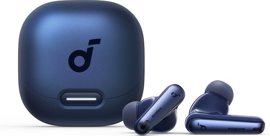 Donkerblauwe oordopjes met het soundcore logo, naast een gesloten blauwe oplaadcase. Glanzend afgewerkt.