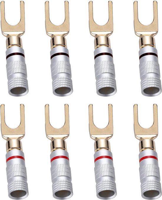 Foto: 24k gouden y stekker 45 graden schroef spade aansluiting luidsprekerkabel diy corrosiebestendig 8 stuks zwart en rood