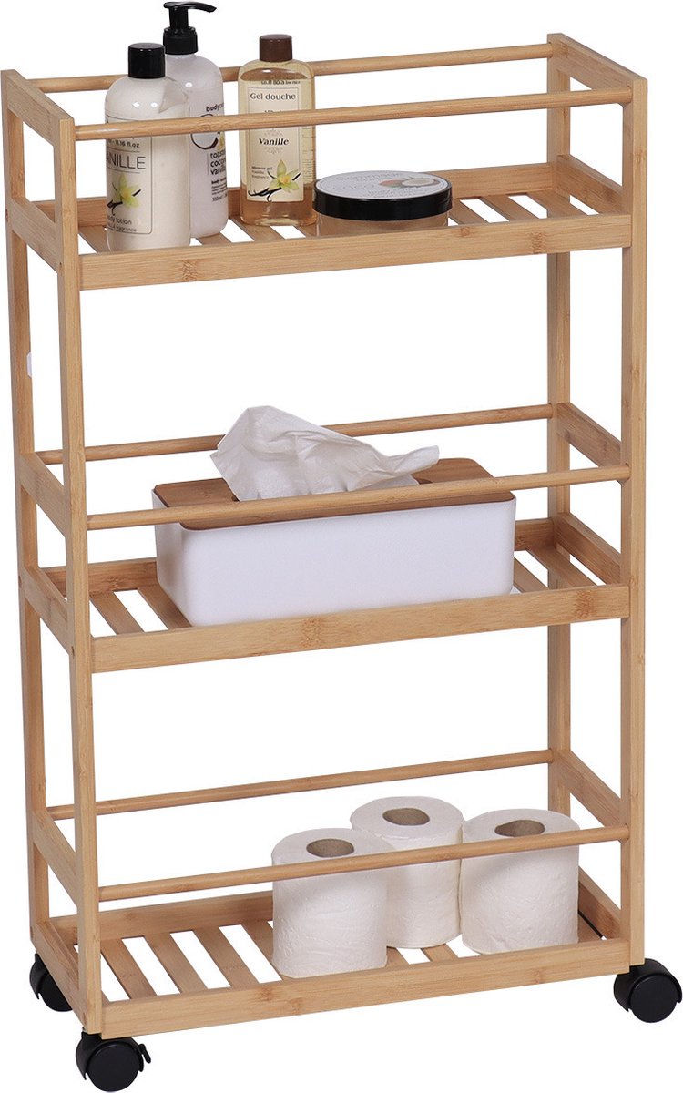 Tendance Keuken/badkamer trolley 3 laags - 45 x 20 x 75 cm - naturel - bamboe hout - met wielen - opberg mandjes/bakjes