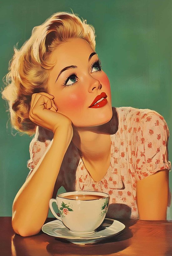 Une illustration rétro d'une blonde aux lèvres rouges et joues rosies, s'appuyant sur sa main, avec une tasse de café.