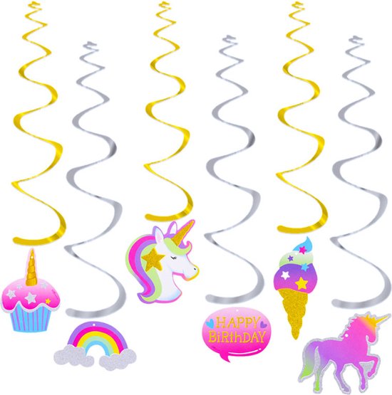Q2Party - Eenhoorn Swirl - Slinger - Regenboog - Versiering - Verjaardag - decoratie - Feest - Hangdecoratie – 6 stuks