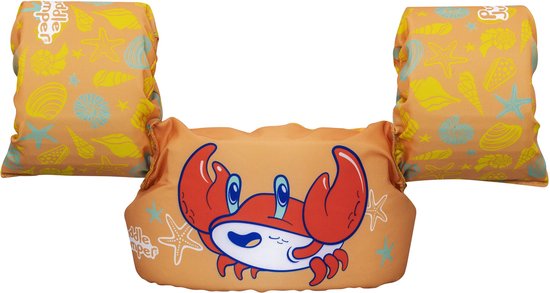 Oranje zwemband met zeedierenprint, met een rode krab op de borst en 'Puddle Jumper'-logo.