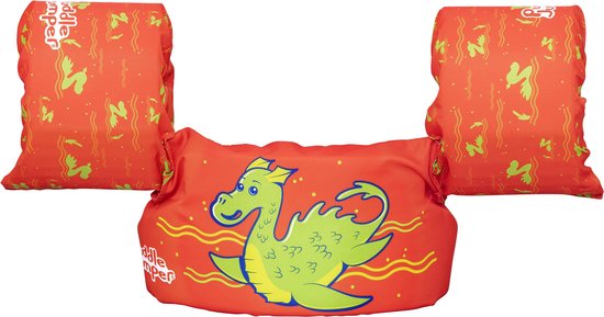 Oranje zwembandje met opdruk van een groen zeemonster en 'Puddle Jumper'.