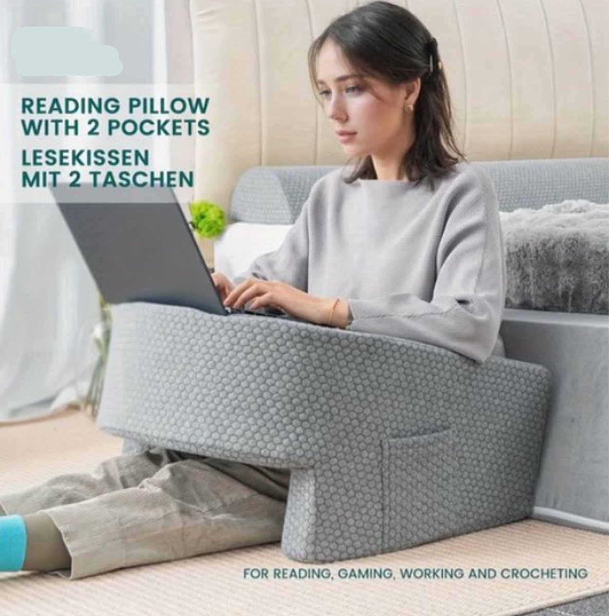 Goedkoopste 1 Stuk Zacht Leespilaar met Armsteun en Schootkussen – Perfect voor Gaming, Werken, en Zitten op de Vloer – Verwijderbare en Wasbare Cover – Comfortabel Kussen voor Bank, Vloer en Sofa – Grootte 22,4x24x11,8 Inch