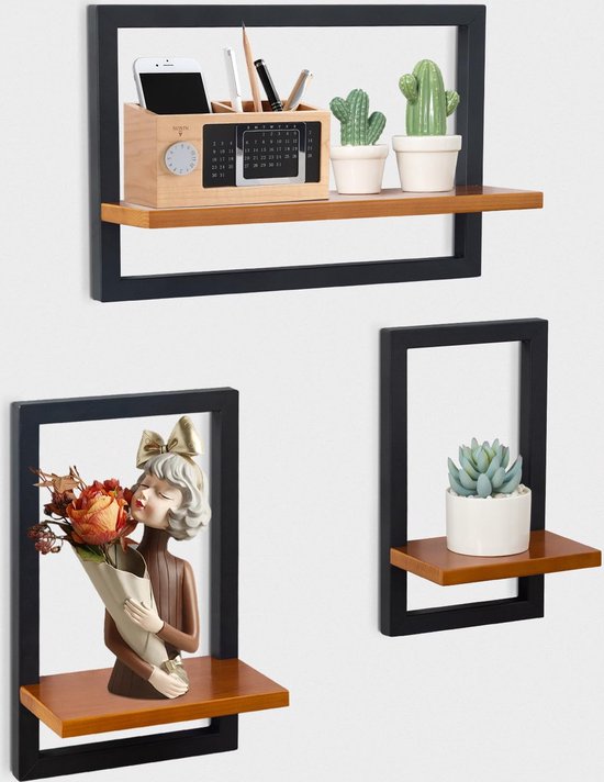 BAKAJI Set van 3 houten wandplanken, multifunctionele wandplanken en beschermlijst, rek voor slaapkamer, woonkamer, keuken, badkamer, boekenkast, ruimtebesparend, 3 x 60 cm (eiken