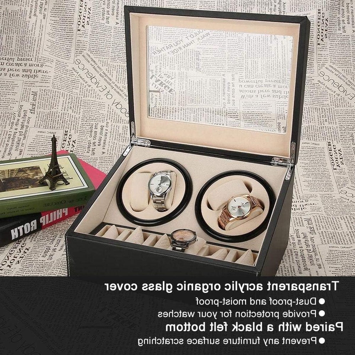 Luxe automatische horlogewinder met 6 rasters opbergkoffer - zwart - voor alle automatische horloges .