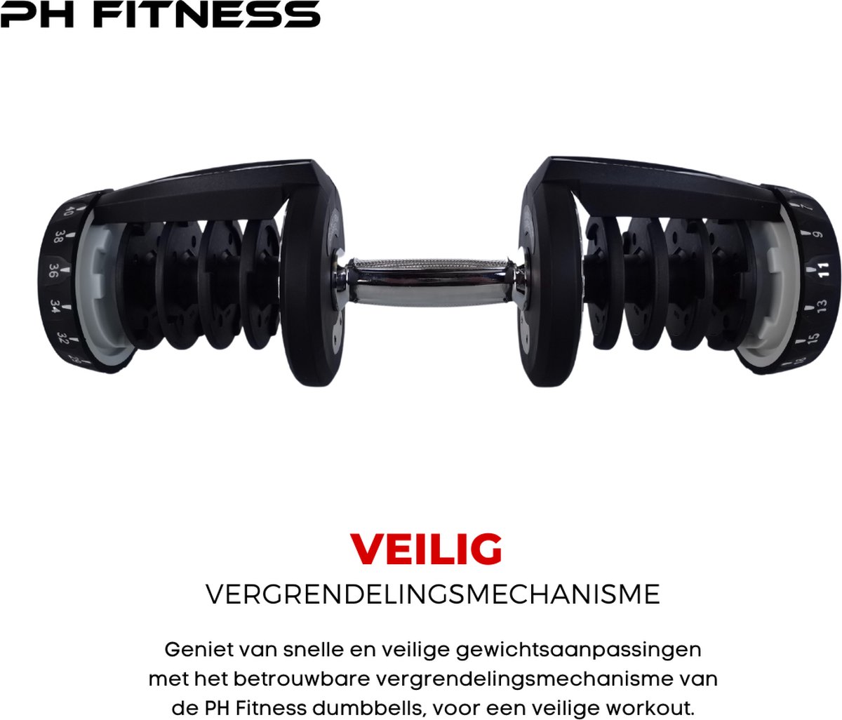 PH Fitness Verstelbare Dumbbells Set 40KG - 2 STUKS - Verstelbare Smart Dumbbells - Halterset voor Home Gym - Adjustable Dumbells van 5kg tot 40 kg - Complete Gewichten Set van 17 Dumbbells in één! – foto 4