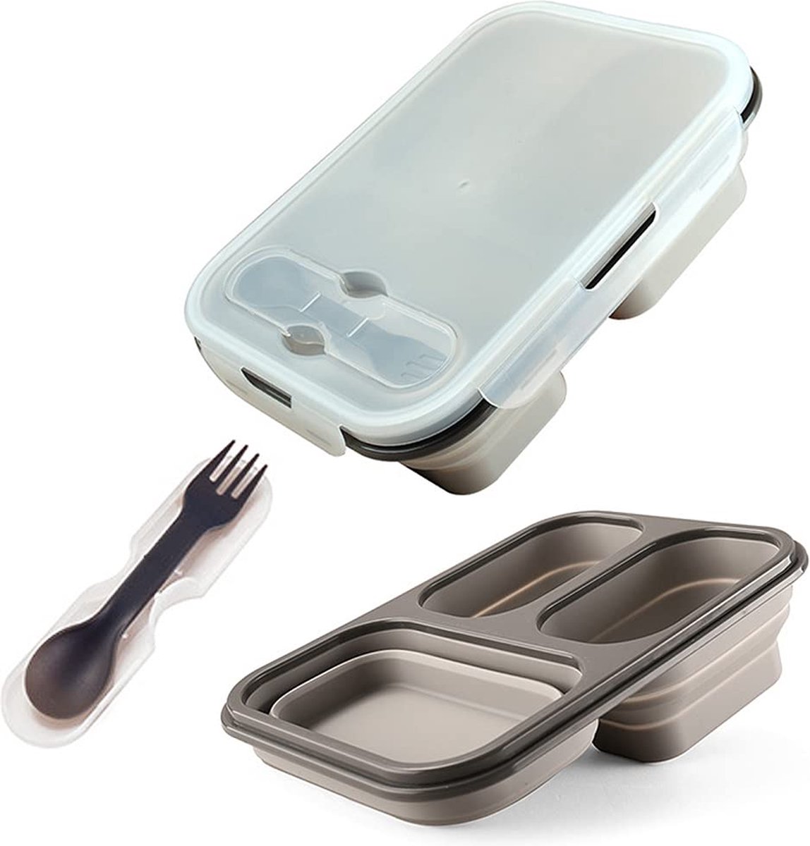 La'Moussawi ® Opvouwbare Siliconen Lunchbox met Drie Compartimenten en Bestek, Lekvrij en Ruimtebesparend Ontwerp