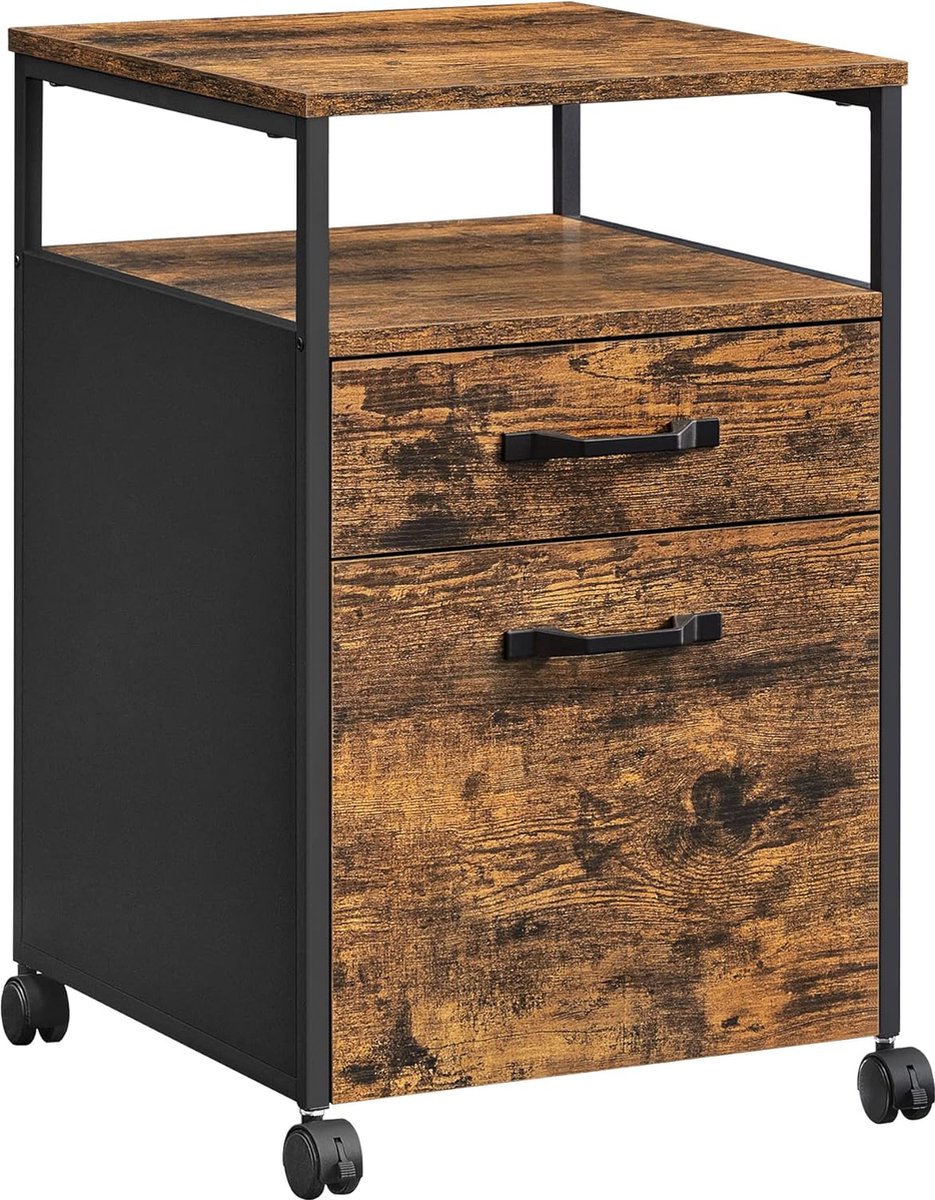 Nancy's Archiefkast met 2 laden | verrijdbare kantoorkast| verrijdbaar onderstel | open compartiment, hangdossier | stabiel stalen frame | industrieel ontwerp | vintage bruin-zwart