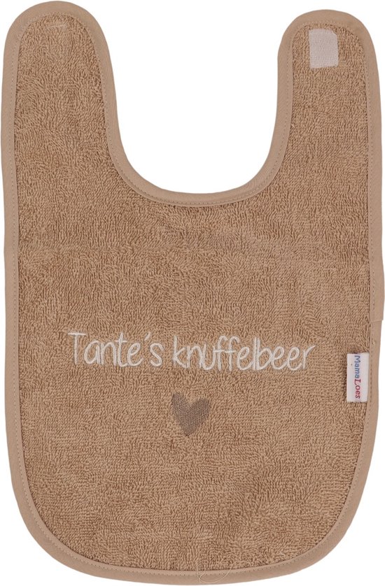 Bruine slab met de tekst "Tante's knuffelbeer" en een klein hartje. Label "MamaLoes".