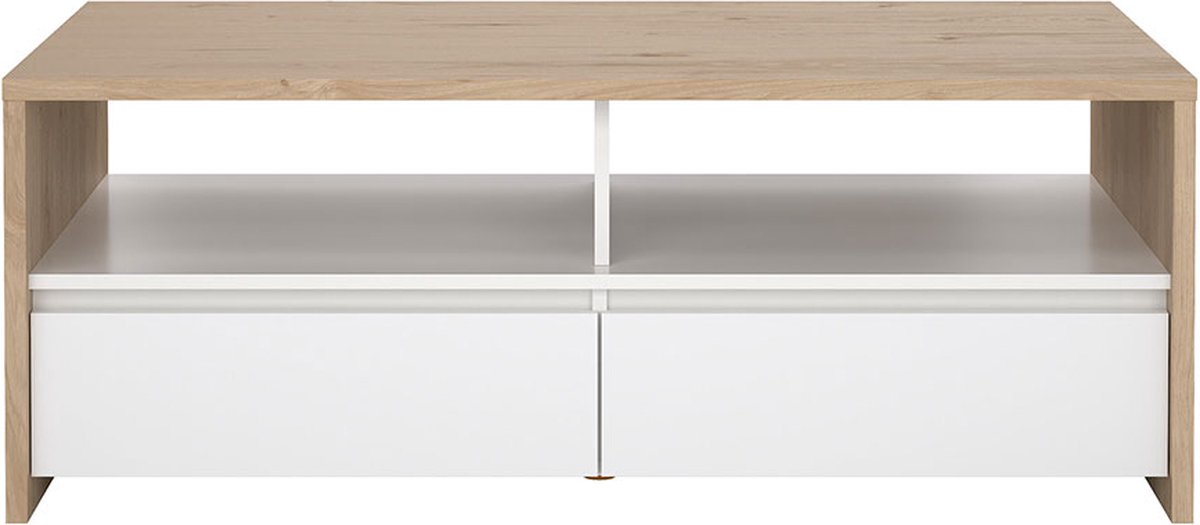 Next salontafel 2 lades, 2 planken eiken decor, wit hoogglans.