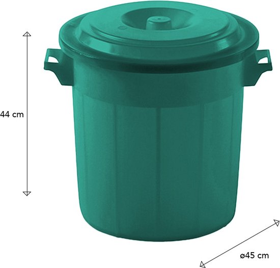 Groene kunststof afvalbak met deksel, 50 liter, 44 cm hoog, 45 cm diameter.