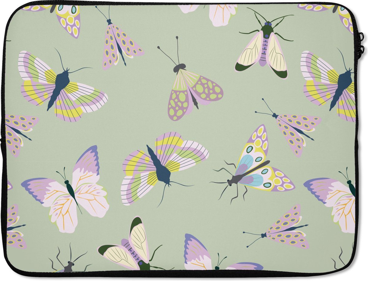 Laptophoes 17 inch - Vlinders - Insecten - Groen - Kleurrijk - Laptop sleeve - Binnenmaat 41x28 cm - Zwarte achterkant