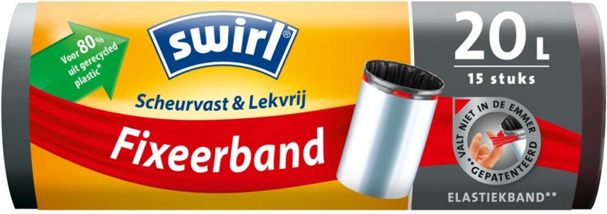 Swirl® Pedaalemmerzakken met elastische fixeerband 20ltr - 80 % gerecycled materiaal - 3 rollen van 15 vuilniszakken = 45 vuilniszakken