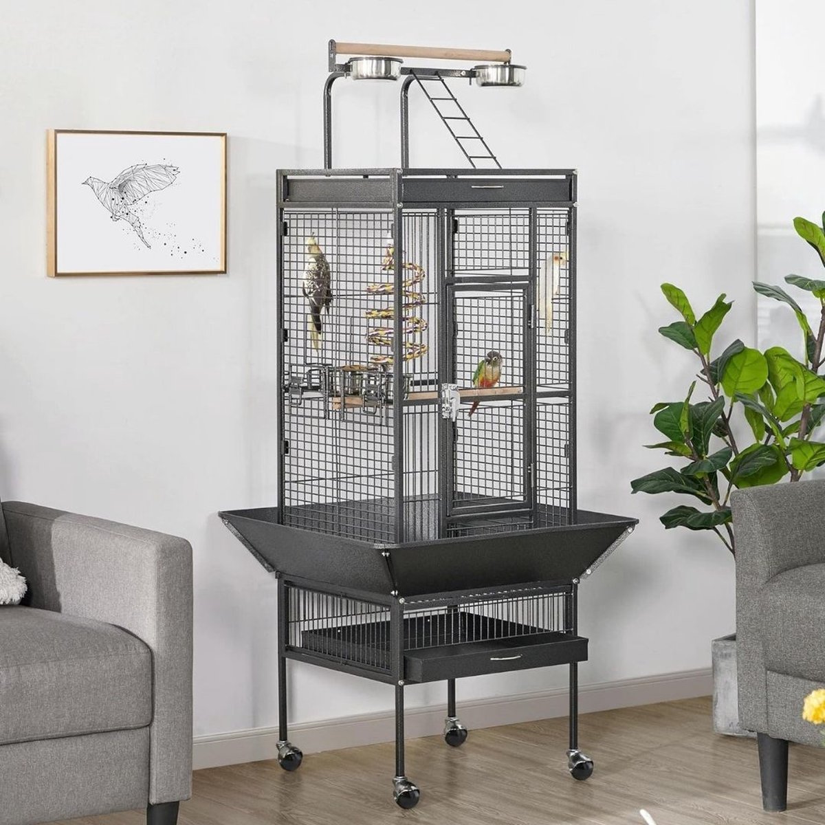Vogelkooi - Vogelkooien Voor Binnen & Buiten - Voliere Met Opvangbak Voor Gemakkelijke Reiniging - Papegaaienkooi Op Wieltjes - Parkietenkooi 156 cm Hoog - Kooi – Vogelhuis – Vogelvoliere - 65.5 x 65.5 x 156 cm thumbnail 7