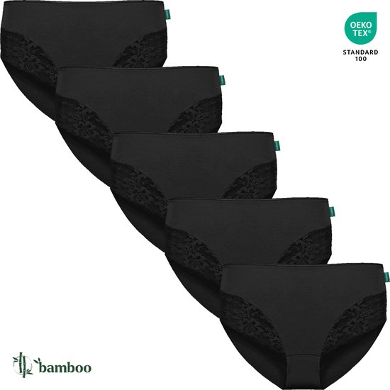 Pack van 5 zwarte midi slips. Met kanten details op de zijkanten.