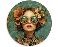 WallCircle® Wandcirkel 90x90 cm - Muurcirkel Vrouw - Bloemen - Vlinders - Natuur - Vintage - Muurdecoratie woonkamer - Wanddecoratie slaapkamer - Kamer decoratie accessoires - Ronde schilderijen