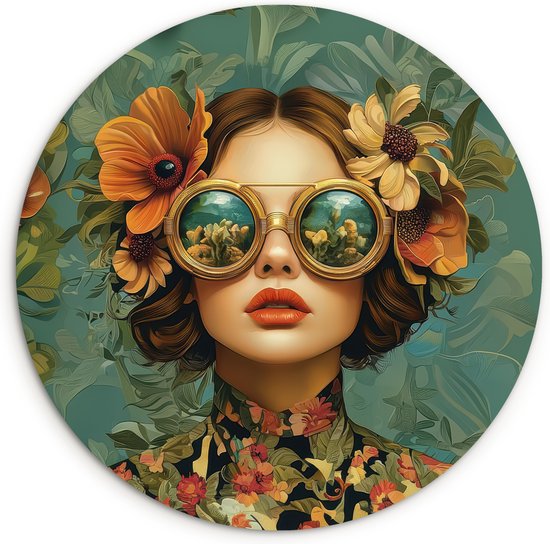 WallCircle® Wandcirkel 90x90 cm - Muurcirkel Vrouw - Bloemen - Vlinders - Natuur - Vintage - Muurdecoratie woonkamer - Wanddecoratie slaapkamer - Kamer decoratie accessoires - Ronde schilderijen