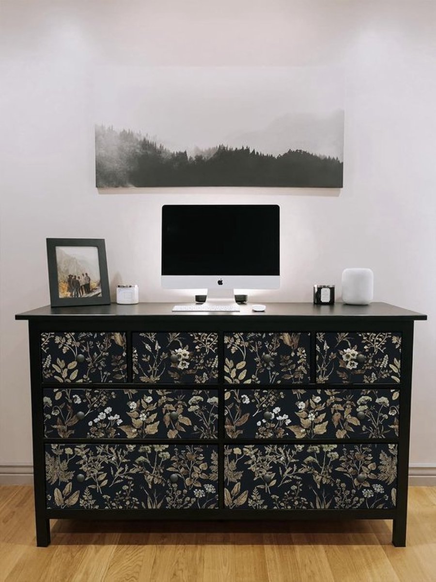 Zwart Goud Botanisch Patroon Zelfklevend Behang Bloemen Zelfklevend Eco-Folie Waterdicht Decoratief Papier Voor Muren Home Kastplanken En Laden 44cm x 3m