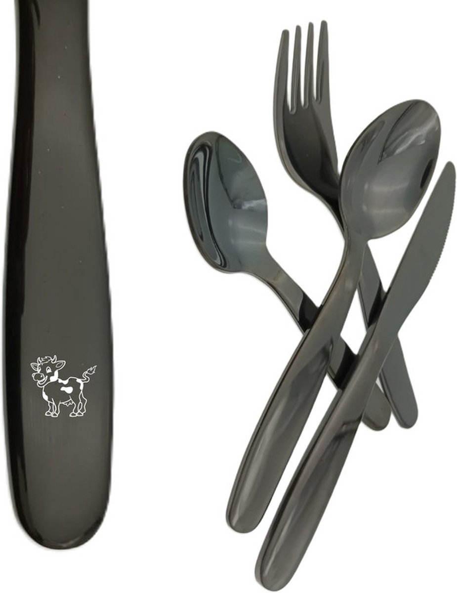 Goedkoopste Kinderbestek Met Gravering - Zwart - Koe