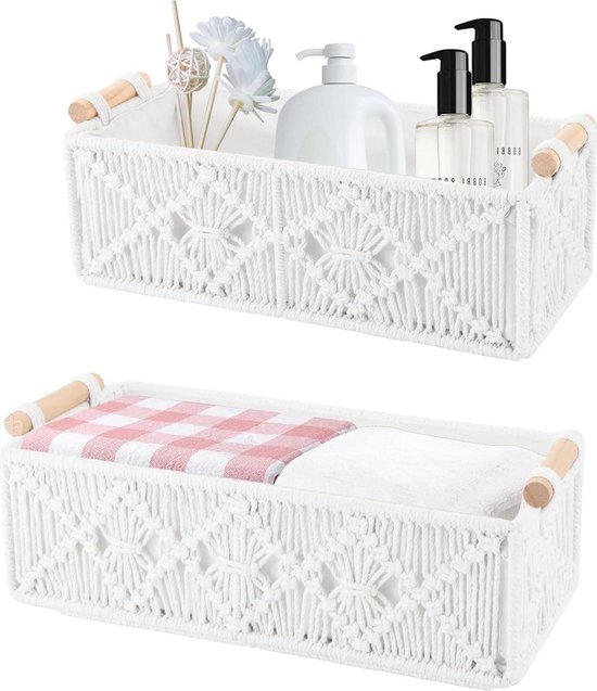 3 stuks opbergmanden, macramé geweven manden met houten handgrepen, Boho handgemaakte opbergmanden voor planken, aanrecht toiletkast organizer dozen voor badkamer slaapkamer woonkamer woondecoratie