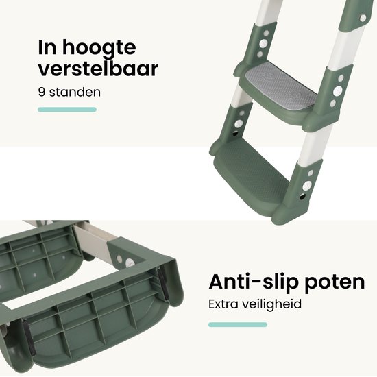 Zijaanzicht van een groene WC verkleiner met witte treden die in hoogte verstelbaar zijn.
