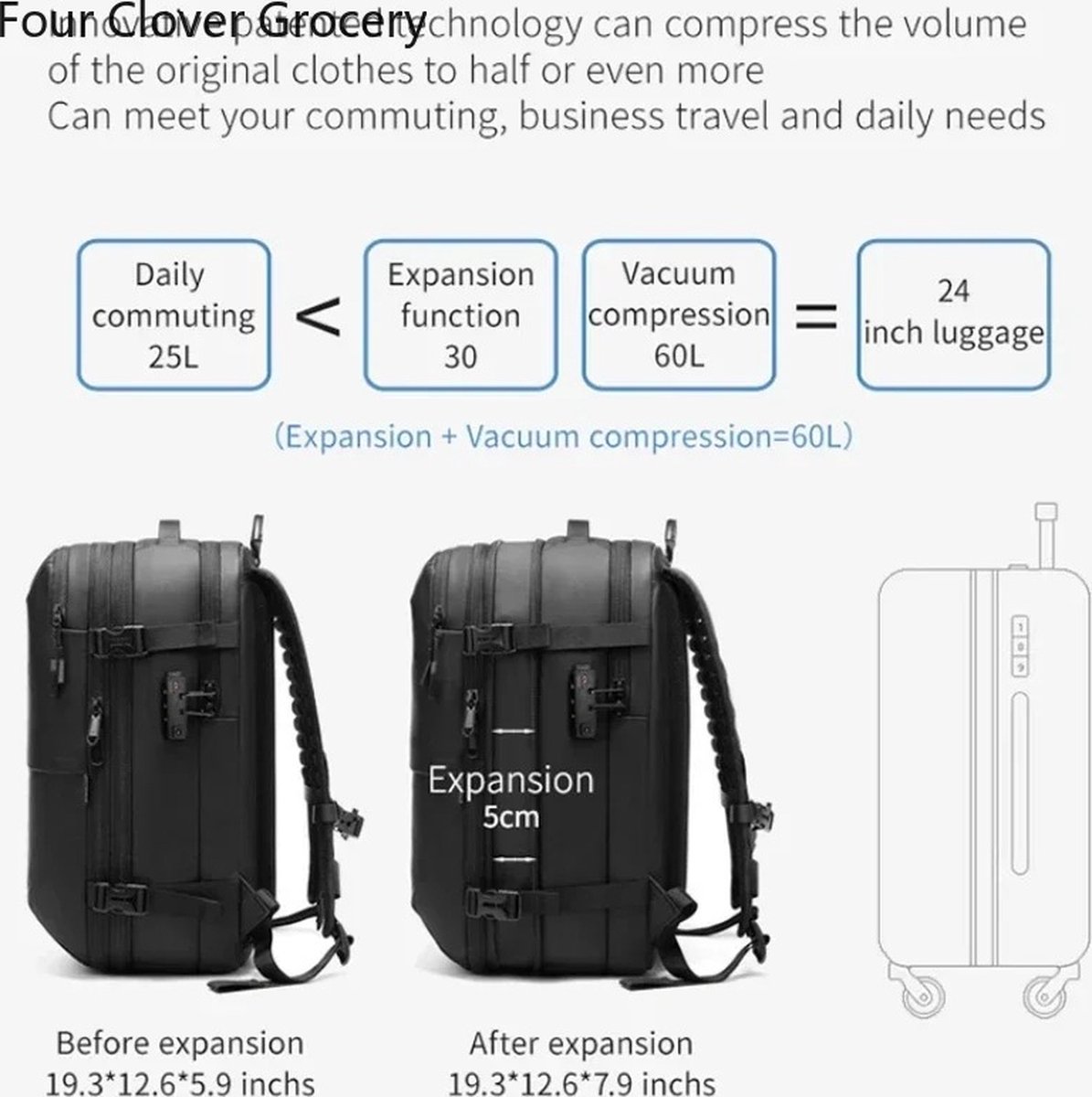 Vacuüm reisrugzak laptop: heren grote reisrugzak vliegtuig cabin 17,3 inch PC waterdichte rugzak koffer 57L tas met pomp voor reizen business outdoor hiking mannen zwart, Reiszakken & vacuümzakken en