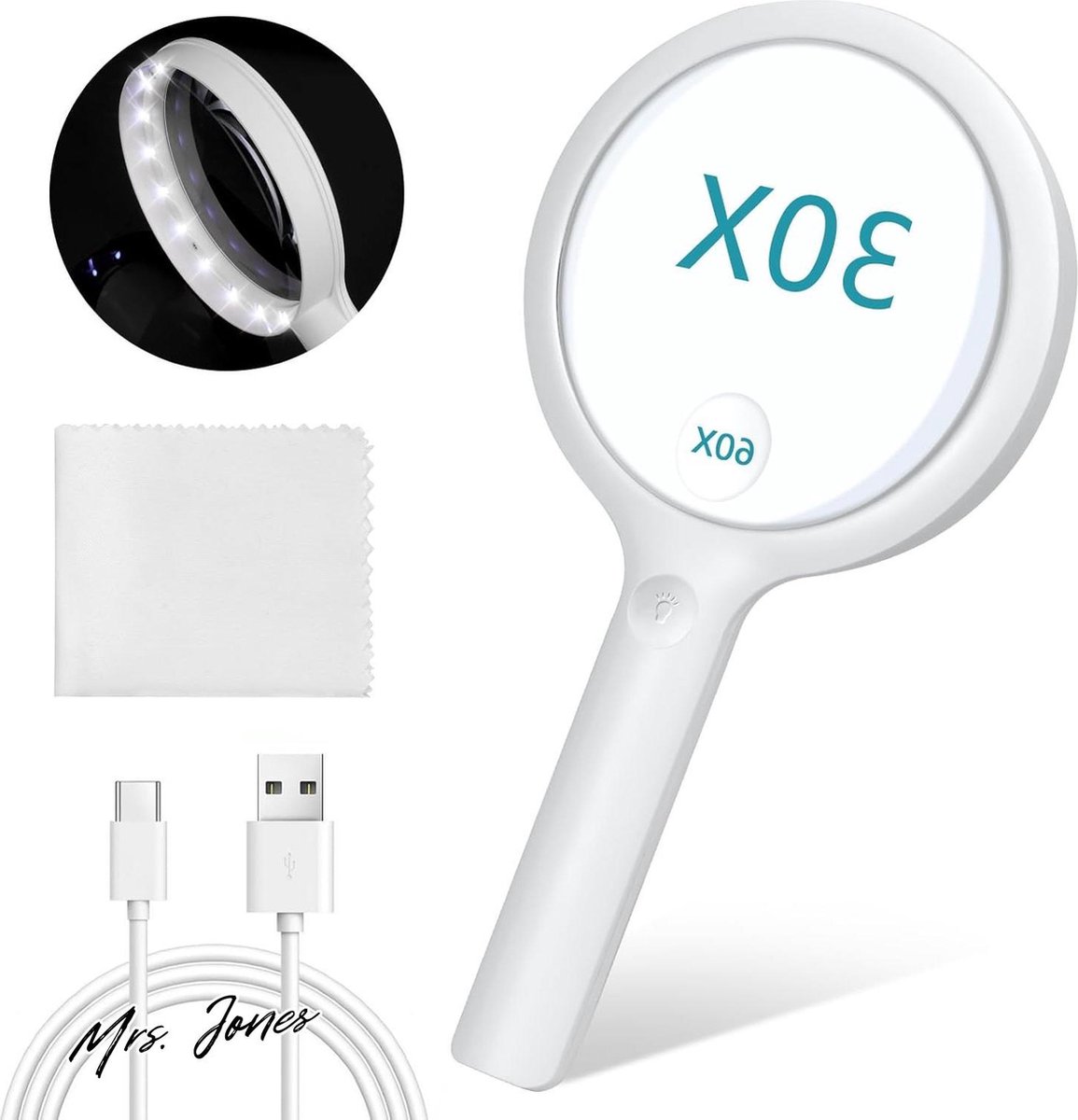 Mrs. Jones Vergrootglas Met Licht 30X Leesvergrootglas Voor Senioren Grote Oplaadbare Usb-Vergrootglas 3 Lichtmodi Ouderen Lezen Kinderen Hobby Kijken Juwelier Waardering Sieraden Met Lensdoek. .